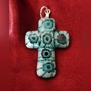 Murano Style Glass Cross Pendant (925?)